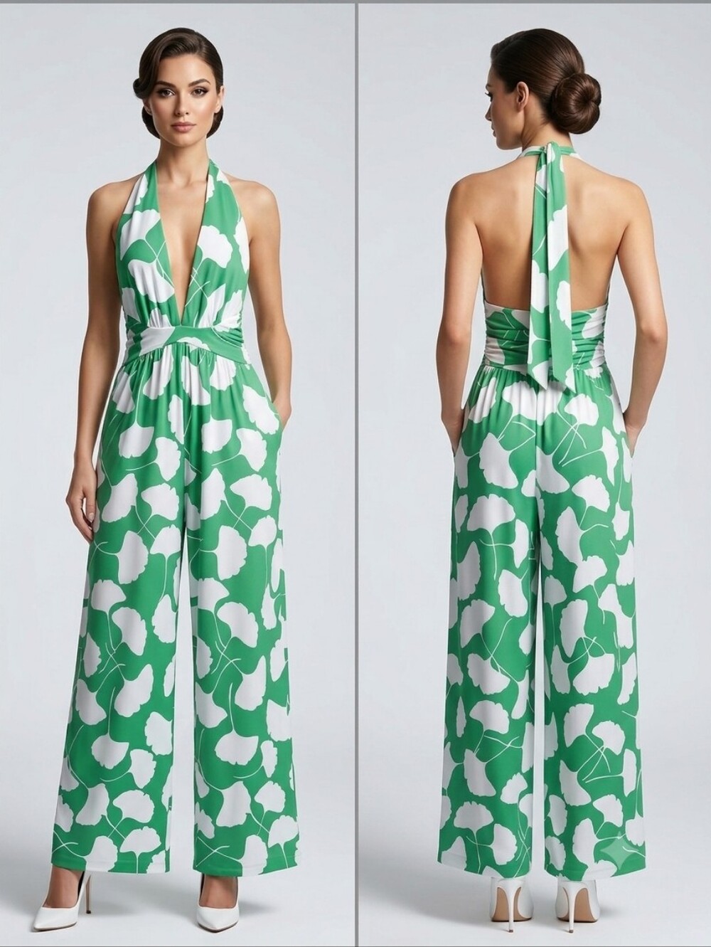 Diane Von‎ Furstenberg  X Target Green and White Halter Wide-Leg Jumpsuit
